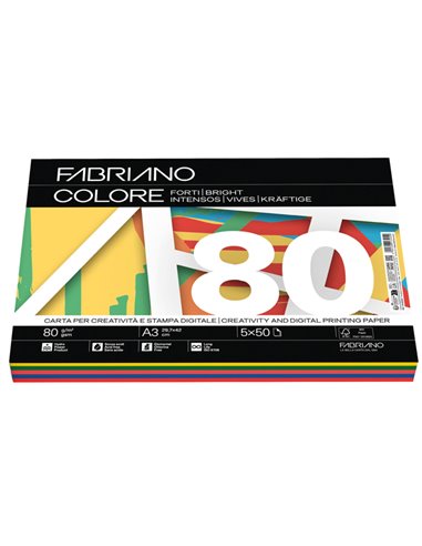 Carta Fabriano Colore A3 80gr 250fg mix 5 colori forti 19100810 FABRIANO COLORATA