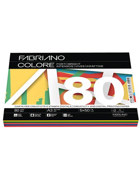 Carta Fabriano Colore A3 80gr 250fg mix 5 colori forti 19100810 FABRIANO COLORATA