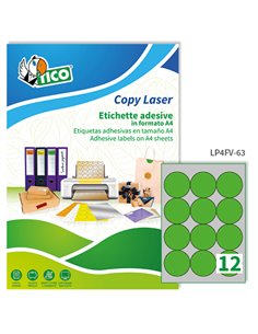 Etichetta adesiva LP4F verde fluo 70fg A4 tonda Ø63,5mm (12et/fg) Tico LP4FV-63 TICO ETICHETTE CARTA COPY-LASER-INKJET