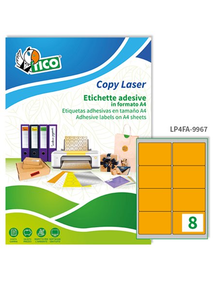 Etichetta adesiva LP4F arancio fluo 70fg A4 99,1x67,7mm (8et/fg) Tico LP4FA-9967 TICO ETICHETTE CARTA COPY-LASER-INKJET