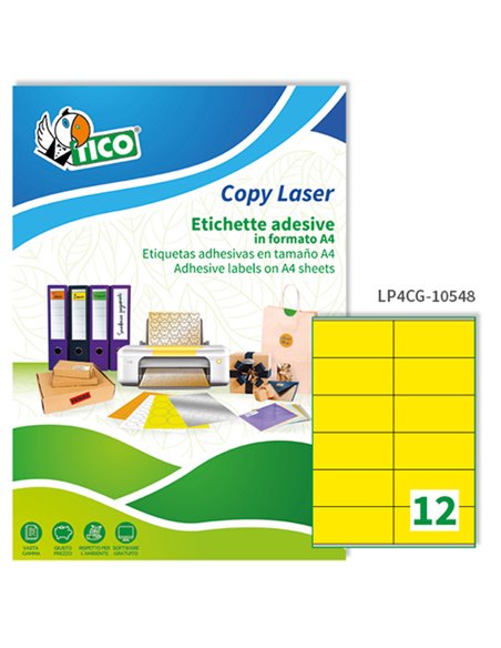 Etichetta adesiva LP4C giallo opaco 70fg A4 105x48mm (12et/fg) Tico LP4CG-10548 TICO ETICHETTE CARTA COPY-LASER-INKJET