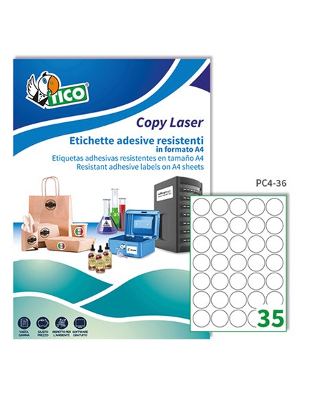 Poliestere adesivo PC4 trasparente 100fg A4 Ø36mm (35et/fg) laser Tico PC4-36 TICO ETICHETTE POLIESTERE COPY-LASER-INKJET
