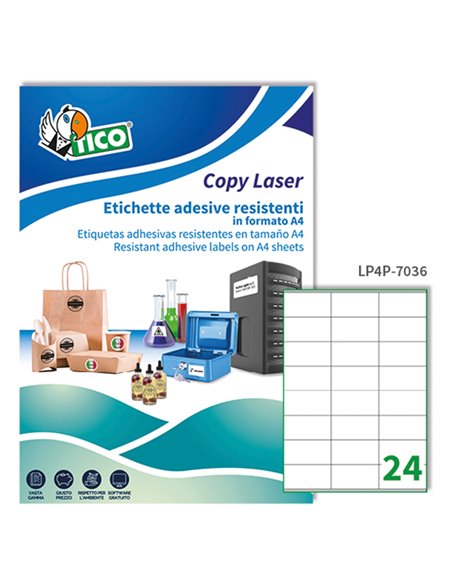 Poliestere adesivo LP4P bianco 70fg A4 70x36mm (24et/fg) laser Tico LP4P-7036 TICO ETICHETTE POLIESTERE COPY-LASER-INKJET