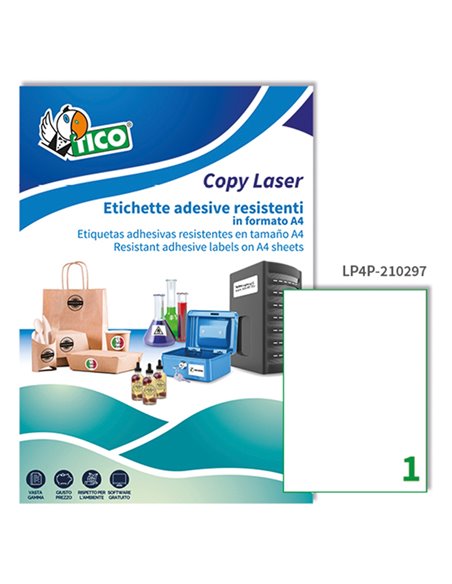 Poliestere adesivo LP4P bianco 70fg A4 210x297mm (1et/fg) laser Tico LP4P-210297 TICO ETICHETTE POLIESTERE COPY-LASER-INKJET