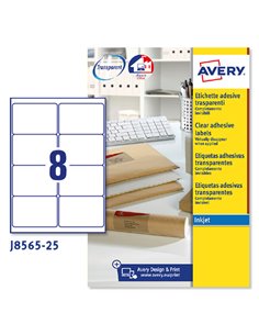 Poliestere adesivo J8565 trasparente 25fg A4 99,1x67,7mm (8et/fg) inkjet Avery J8565-25 AVERY ETICHETTE POLIESTERE COPY-LASER...