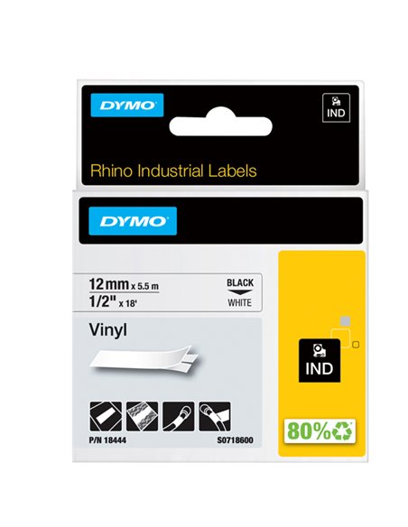 NASTRO VINILE 12mm x 5.5mt nero su bianco 18444 RHINO S0718600..