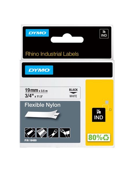 NASTRO NYLON FLESSIBILE 19mm x 3.5mt nero su bianco 18489 RHINO 18489 DYMO ETICHETTE-NASTRI-TAMPONI PER ETICHETTATRICI E PREZ...
