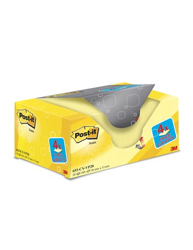 VALUE PACK 16+4 BLOCCO 100fg Post-it® Giallo Canary™ 38x51mm 72GR 653CY-VP20 7100172332