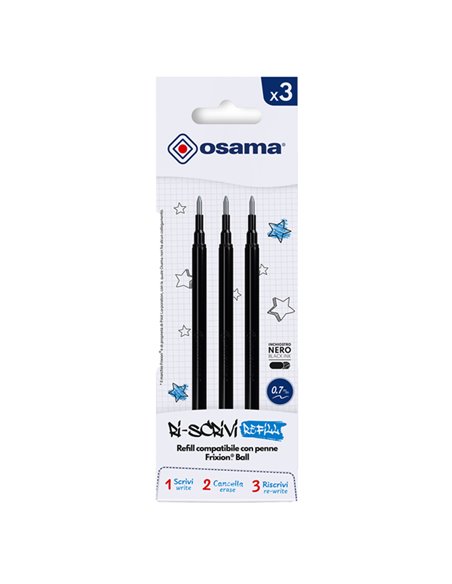 Set 3 refill inchiostro gel RiSCRIVI cancellabile 0,7mm nero OSAMA OW 84044651 OSAMA REFILL CANCELLABILI