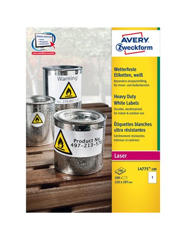 Poliestere adesivo L4775 bianco 100fg A4 210x297mm (1et/fg) laser Avery L4775-100 AVERY ETICHETTE POLIESTERE COPY-LASER-INKJET