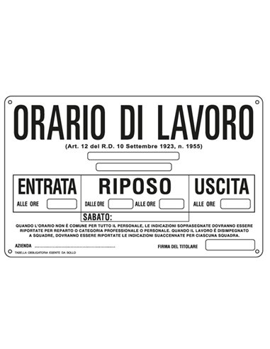 CARTELLO ALLUMINIO 30x20cm 'ORARIO DI LAVORO'' 3301 CARTELLI SEGNALATORI CARTELLI INFORMATIVI