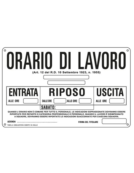 CARTELLO ALLUMINIO 30x20cm 'ORARIO DI LAVORO'' 3301 CARTELLI SEGNALATORI CARTELLI INFORMATIVI