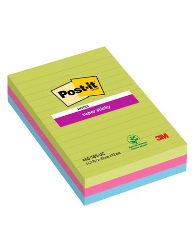 BLOCCO 90foglietti Post-it® Super Sticky RIGHE 101x152mm 660-3SSUC COLORI ULTRA 7100235020 POST-IT BLOCCHI ADESIVI-DISPENSER