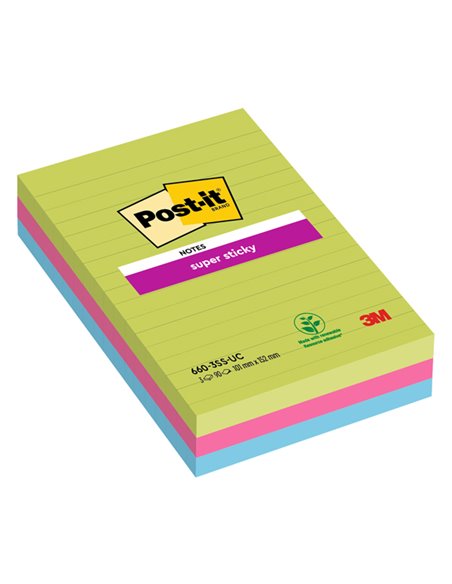 BLOCCO 90foglietti Post-it® Super Sticky RIGHE 101x152mm 660-3SSUC COLORI ULTRA 7100235020 POST-IT BLOCCHI ADESIVI-DISPENSER