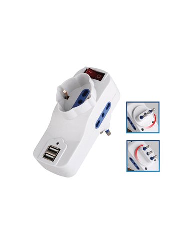ADATTATORE ROTANTE 2 PRESE BIPASSO 2P+T 10/16 A+ 1 Schuko+2 PRESE USB MELCHIONI 492518058 MKC CAVI-PRESE-PROLUNGHE