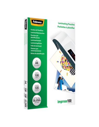 Scatola 100 pouches IMPRESS100 100mic A4 Fellowes 5351111 FELLOWES POUCHES PER PLASTIFICARE