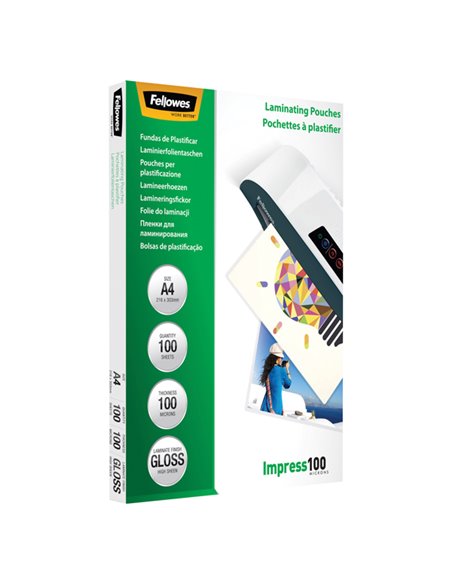 Scatola 100 pouches IMPRESS100 100mic A4 Fellowes 5351111 FELLOWES POUCHES PER PLASTIFICARE