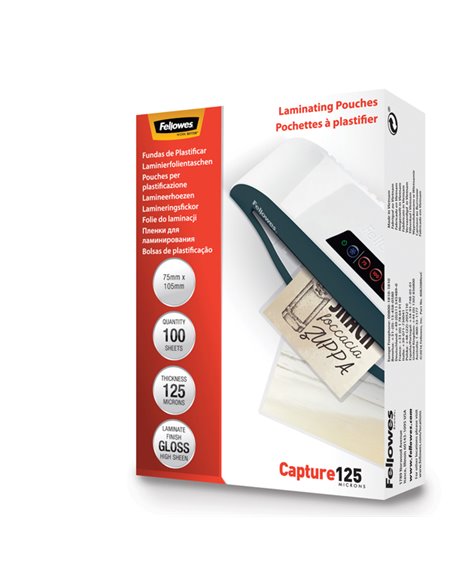 Scatola 100 pouches CAPTURE125 125mic 75x105mm Fellowes 5306901 FELLOWES POUCHES PER PLASTIFICARE