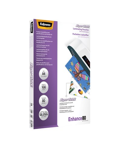 Scatola 100 pouches ENHANCE80 SuperQuick 80mic A4 Fellowes 5440001. FELLOWES POUCHES PER PLASTIFICARE