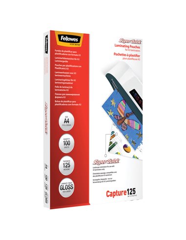 Scatola 100 pouches CAPTURE125 SuperQuick 125mic A4 Fellowes 5440101 FELLOWES POUCHES PER PLASTIFICARE
