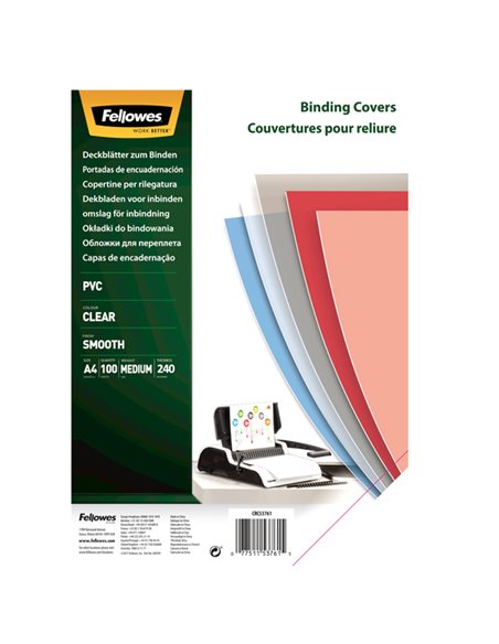 100 COPERTINE CLEAR PVC 240MIC A4 TRASPARENTE NEUTRO 53762 FELLOWES CARTELLINE E COPERTINE PER RILEGATURE