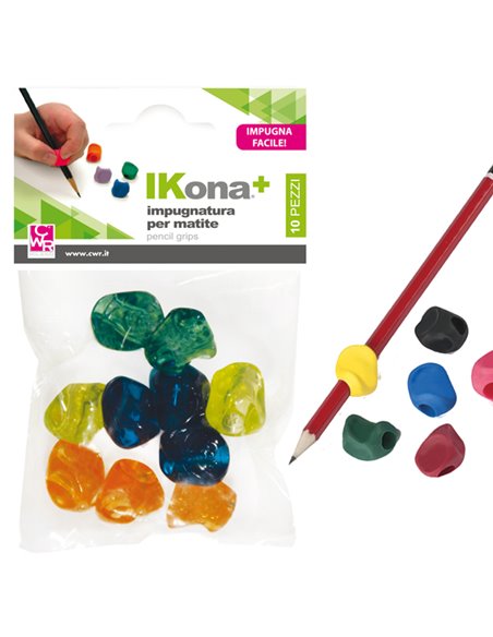 Busta 10 impugnature per matite colori assortiti IKONA+ 11430 IKona+ BAGNADITA-DITALI IN GOMMA