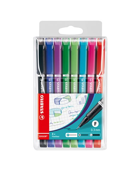 ASTUCCIO 8 FINELINER STABILO SENSOR PUNTA 0.3MM COLORI ASSORTITI 189/8 STABILO FINELINER