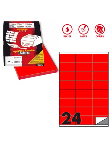 Etichetta adesiva C/500 rosso fluo 100fg A4 70x36mm (24et/fg) Markin X210C500F-RO MARKIN ETICHETTE CARTA COPY-LASER-INKJET