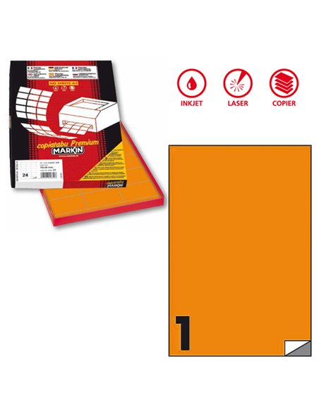 Etichetta adesiva C/503 arancio fluo 100fg A4 210x297mm (1et/fg) Markin X210C503F-AR MARKIN ETICHETTE CARTA COPY-LASER-INKJET