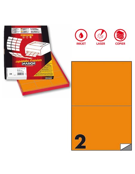 Etichetta adesiva C/509 arancio fluo 100fg A4 210x148,5mm (2et/fg) Markin X210C509F-AR MARKIN ETICHETTE CARTA COPY-LASER-INKJET