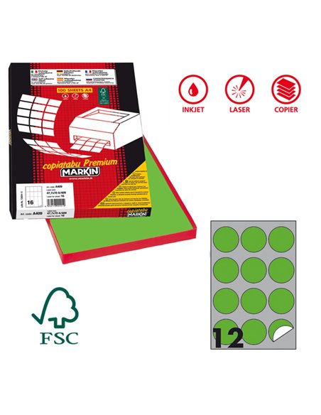 Etichetta adesiva R/310 verde fluo 100fg A4 tonda Ø60mm (12et/fg) Markin X210R310F-VE