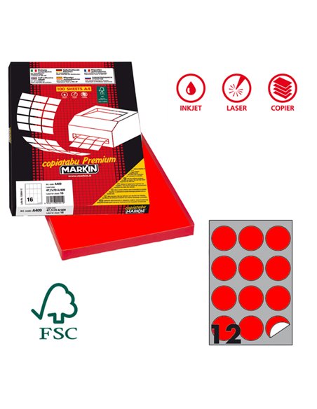 Etichetta adesiva R/310 rosso fluo 100fg A4 tonda Ø60mm (12et/fg) Markin X210R310F-RO MARKIN ETICHETTE CARTA COPY-LASER-INKJET