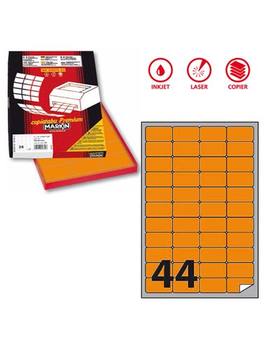 Etichetta adesiva A/406 arancio fluo 100fg A4 47,5x25,5mm (44et/fg) Markin X210A406F-AR