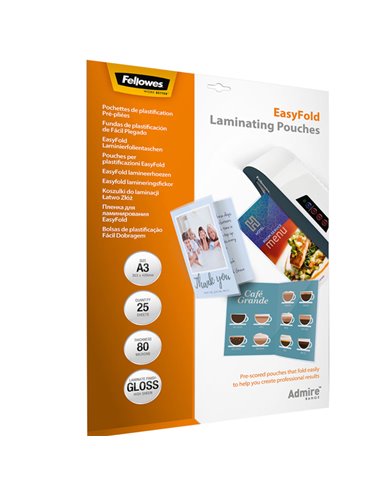 Scatola 25 pouches cordonate Admire EasyFold f.to A3 Fellowes 5602001 FELLOWES POUCHES PER PLASTIFICARE