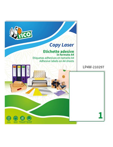 Etichetta adesiva LP4W bianca 100fg A4 210x297mm (1et/fg) Tico LP4W-210297