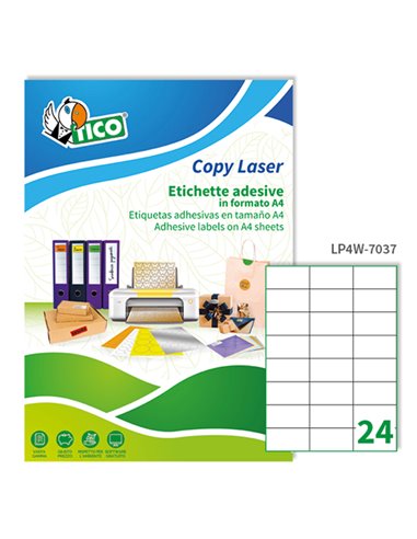 Etichetta adesiva LP4W bianca 100fg A4 70x37mm (24et/fg) Laser Tico LP4W-7037 TICO ETICHETTE CARTA COPY-LASER-INKJET