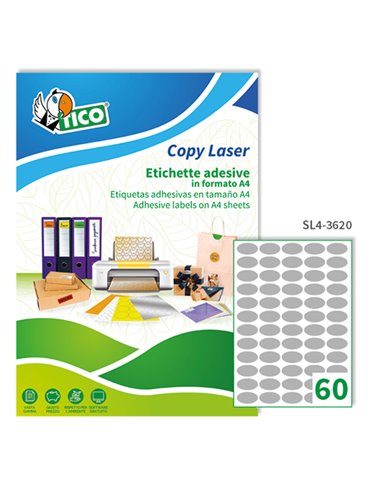 Etichetta adesiva SL4 ovale argento satinata 100fg A4 36x20mm (60et/fg) Tico SL4-3620 TICO ETICHETTE USO DEDICATO