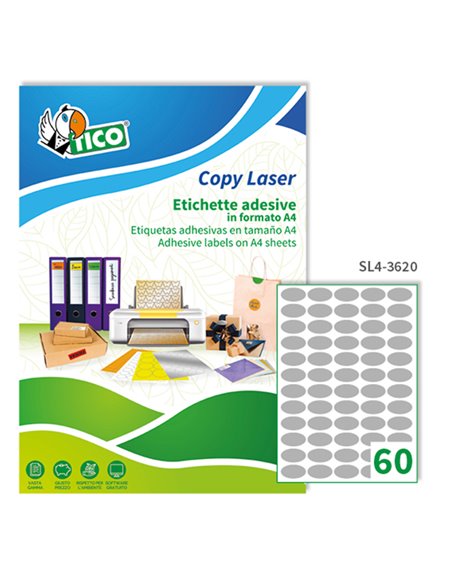 Etichetta adesiva SL4 ovale argento satinata 100fg A4 36x20mm (60et/fg) Tico SL4-3620 TICO ETICHETTE USO DEDICATO