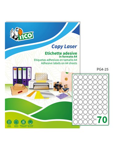 Etichetta adesiva PG4 bianca lucida 100fg A4 tonda Ø25 (70et/fg) Tico PG4-25 TICO ETICHETTE CARTA COPY-LASER-INKJET