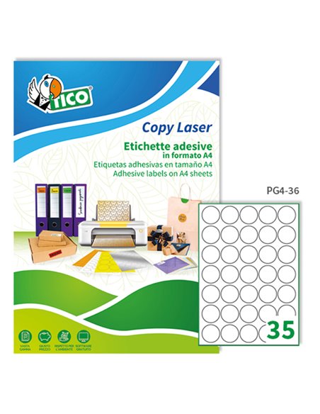 Etichetta adesiva PG4 bianca lucida 100fg A4 tonda Ø36 (35et/fg) Tico PG4-36 TICO ETICHETTE CARTA COPY-LASER-INKJET