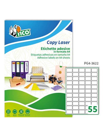 Etichetta adesiva PG4 bianca lucida 100fg A4 36x22mm (55et/fg) Tico PG4-3622 TICO ETICHETTE CARTA COPY-LASER-INKJET