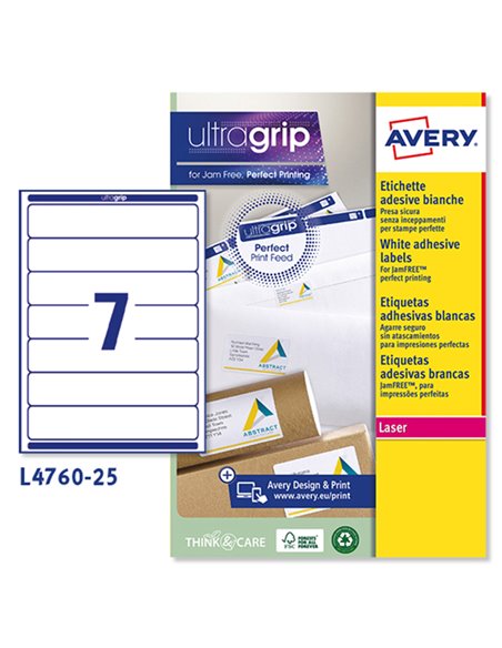 Etichetta adesiva L4760 bianca coprenti 25fg A4 192x38mm (7et/fg) Avery L4760-25 AVERY ETICHETTE CARTA COPY-LASER-INKJET