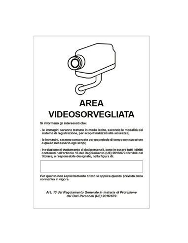 Cartello alluminio 20x30cm 'Area videosorveglianza con registrazion' rif.GDPR' 33328