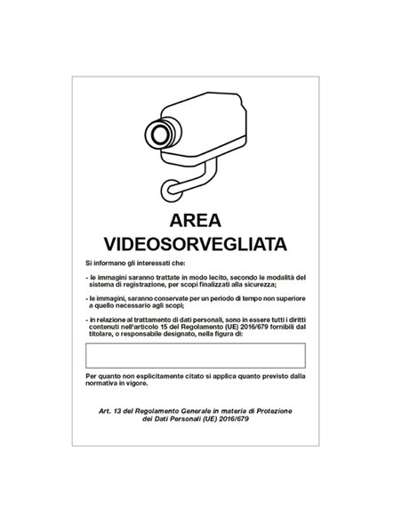 Cartello alluminio 20x30cm 'Area videosorveglianza con registrazion' rif.GDPR' 33328