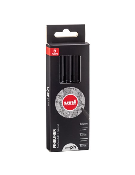 Astuccio Pin fineliner nero 5 gradazioni assortiti Uni Mitsubishi M PIN 5P1 UNI MITSUBISHI FINELINER