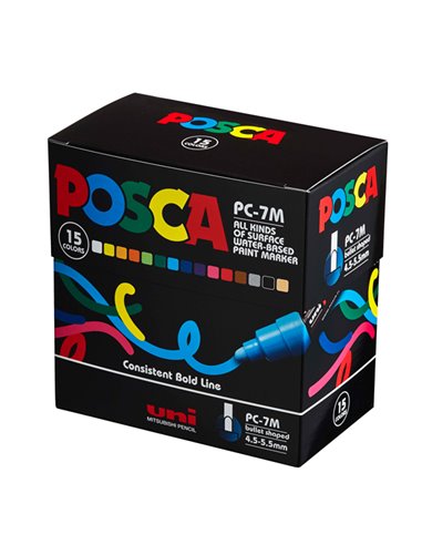 Astuccio 15 marcatori UNI POSCA PC7M p.large 4,5-5,5mm col. ass. UNI MITSUBISHI M PC7M 15C UNI MITSUBISHI A BASE D'ACQUA