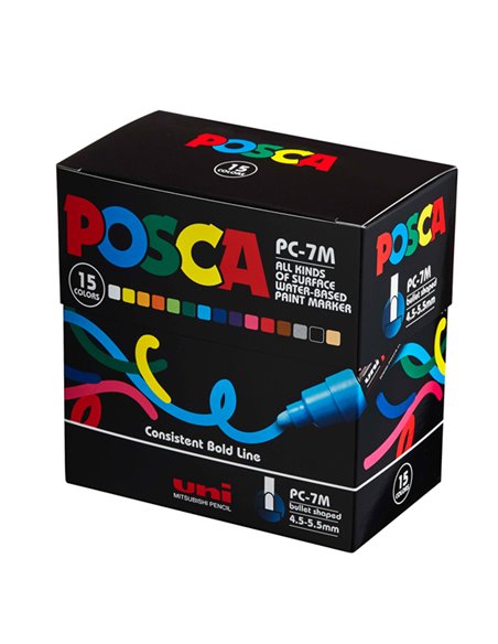Astuccio 15 marcatori UNI POSCA PC7M p.large 4,5-5,5mm col. ass. UNI MITSUBISHI M PC7M 15C UNI MITSUBISHI A BASE D'ACQUA