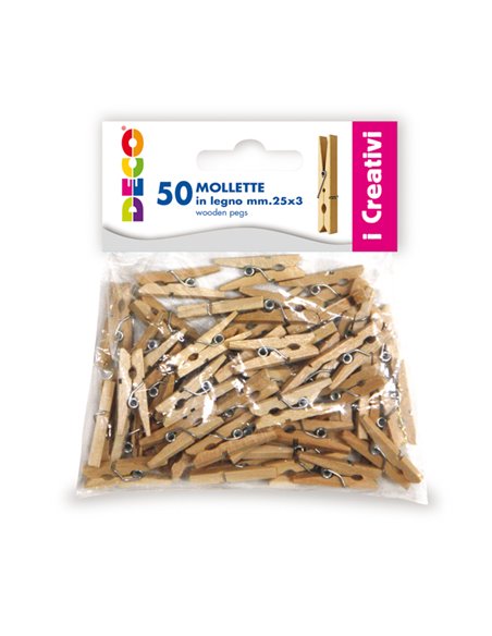 Confezione 50 mollettine in legno 25mm colore naturale DECO 11687 DECO ACCESSORI DIDATTICI E LAVORI MANUALI