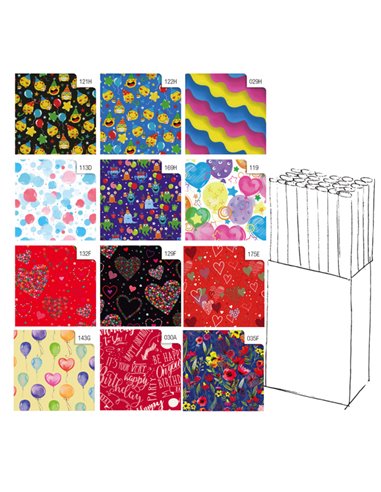 Espositore 50 rotoli carta regalo in fantasie assortite 2mt x 70cm Rex Sadoch GR3J1GEN