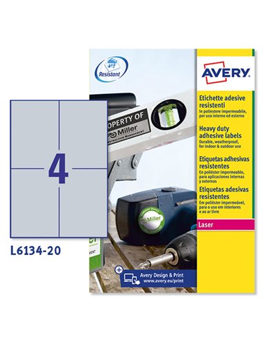 Poliestere adesivo L6134 argento 20fg A4 105x148mm (4et/fg) laser Avery L6134-20 AVERY ETICHETTE POLIESTERE COPY-LASER-INKJET